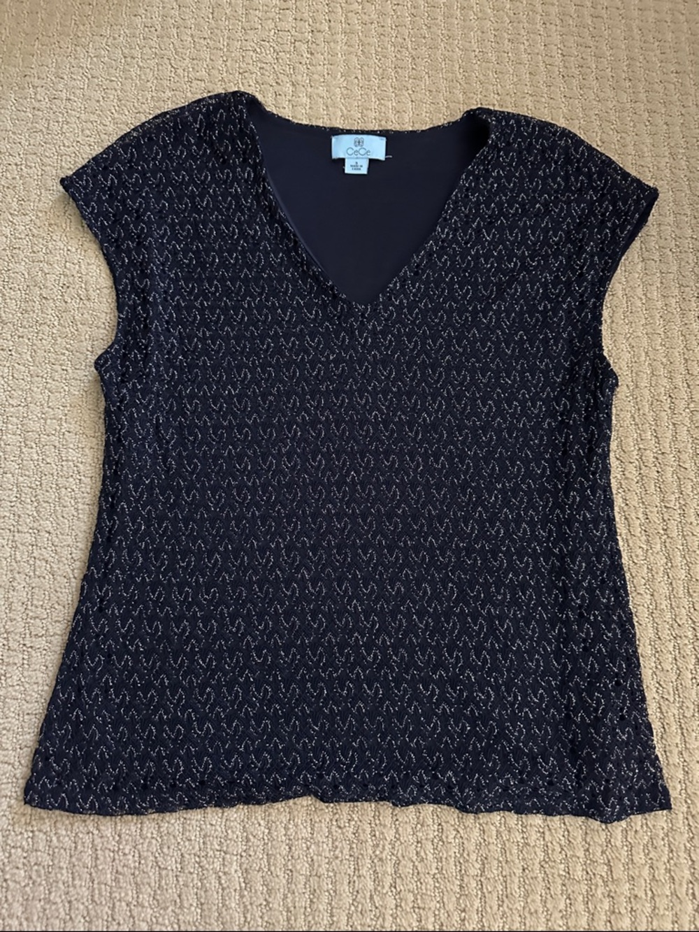 CeCe Navy Metallic V-Neck Cap-Sleeve Knit Top